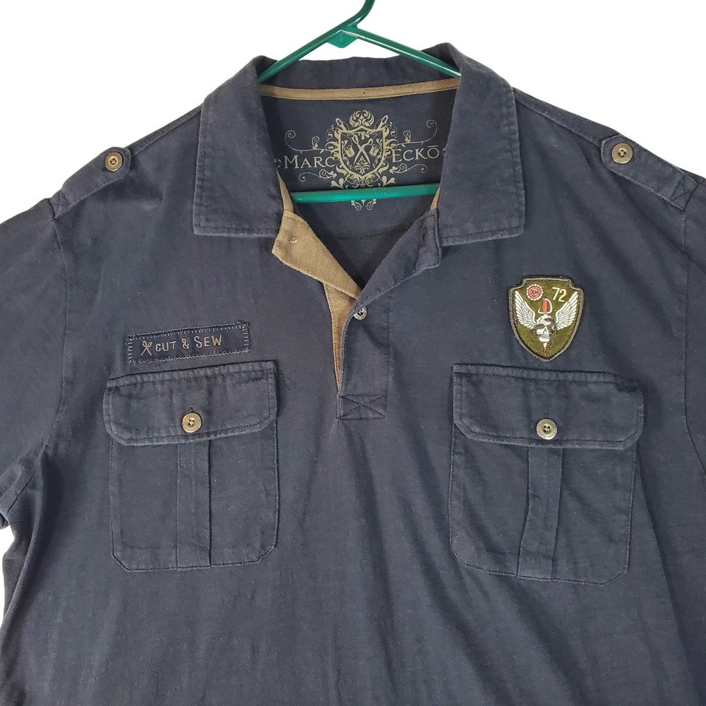 Marc Ecko Cut & Sew Mens XL Navy Blue Military Polo Shirt Winged Skull Patch